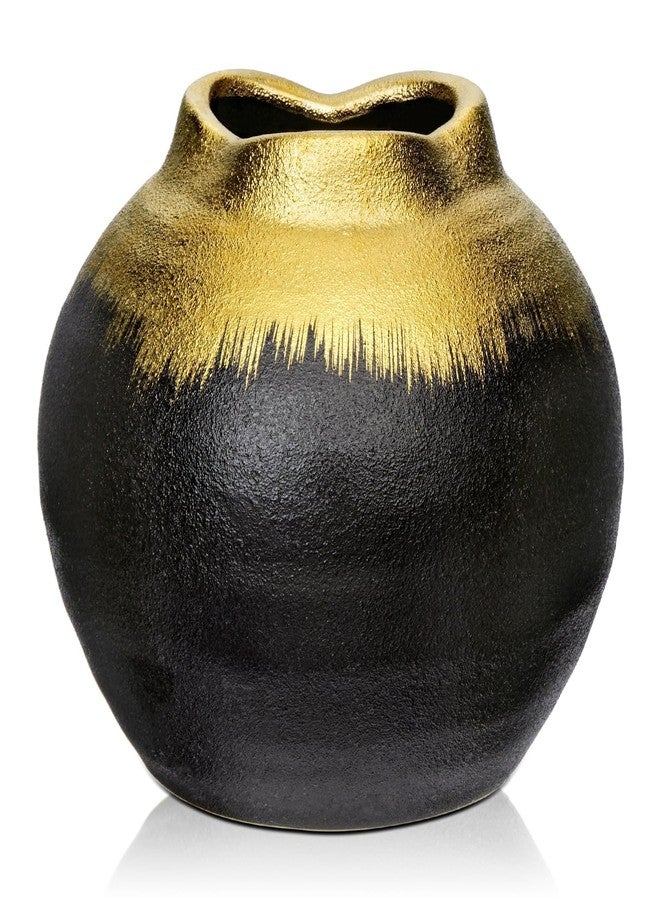 GnFlus Black Ceramic Flower Vase,Boho Vase with Unique Textures,Soft Form of Gold vase Mouth Pottery Decorative Flower Vase for Home Decor,Living Room Decoration,Table Shelf Decor - Image 1